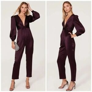 Mac Duggal 2647 Size 4 Dark Plum Purple Satin Front Twist Puff Sleeve Jumpsuit